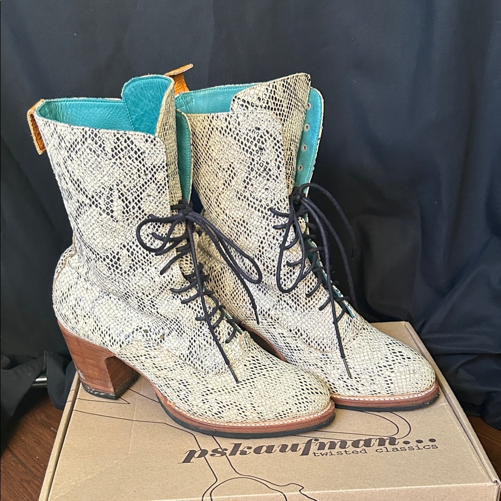 Pskaufman Women's Snakeskin Lace-Up Boots - Black and Cream